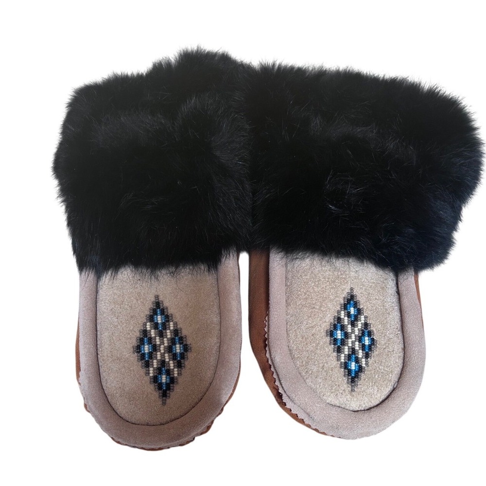 Handmade Suede Moccasin Slippers Black rabbitFur TrimBeaded Geometric TanMens 10